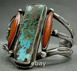 UNIQUE Large Vintage Navajo Sterling Silver Turquoise Coral Cuff Bracelet