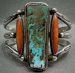 UNIQUE Large Vintage Navajo Sterling Silver Turquoise Coral Cuff Bracelet