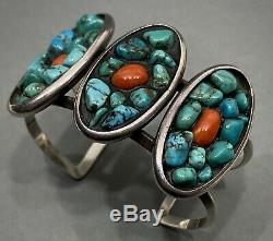 UNIQUE Large Vintage Navajo Sterling Silver Turquoise Coral Cuff Bracelet