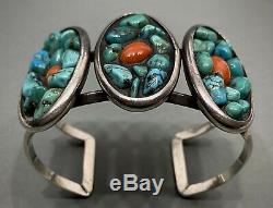 UNIQUE Large Vintage Navajo Sterling Silver Turquoise Coral Cuff Bracelet