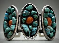 UNIQUE Large Vintage Navajo Sterling Silver Turquoise Coral Cuff Bracelet