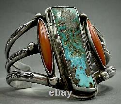 UNIQUE Large Vintage Navajo Sterling Silver Turquoise Coral Cuff Bracelet