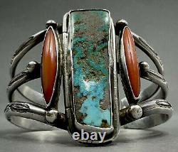 UNIQUE Large Vintage Navajo Sterling Silver Turquoise Coral Cuff Bracelet