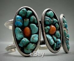 UNIQUE Large Vintage Navajo Sterling Silver Turquoise Coral Cuff Bracelet