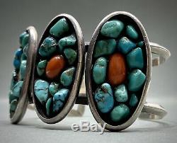 UNIQUE Large Vintage Navajo Sterling Silver Turquoise Coral Cuff Bracelet