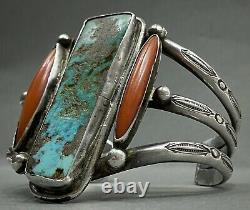 UNIQUE Large Vintage Navajo Sterling Silver Turquoise Coral Cuff Bracelet