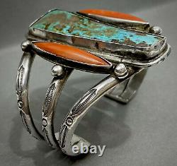 UNIQUE Large Vintage Navajo Sterling Silver Turquoise Coral Cuff Bracelet