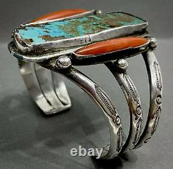 UNIQUE Large Vintage Navajo Sterling Silver Turquoise Coral Cuff Bracelet