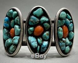 UNIQUE Large Vintage Navajo Sterling Silver Turquoise Coral Cuff Bracelet