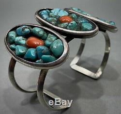 UNIQUE Large Vintage Navajo Sterling Silver Turquoise Coral Cuff Bracelet