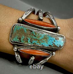 UNIQUE Large Vintage Navajo Sterling Silver Turquoise Coral Cuff Bracelet