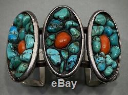 UNIQUE Large Vintage Navajo Sterling Silver Turquoise Coral Cuff Bracelet