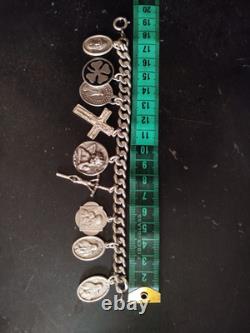 Unique Sterling Silver Bracelet With 9 Religious Charms 19cm
