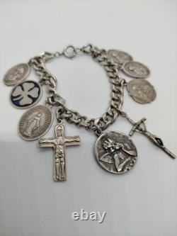 Unique Sterling Silver Bracelet With 9 Religious Charms 19cm