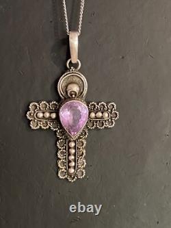 VINTAGE 1970's Sterling Silver Pear Cut Amethyst CROSS Pendant HUGE AMETHYST