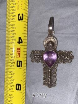 VINTAGE 1970's Sterling Silver Pear Cut Amethyst CROSS Pendant HUGE AMETHYST