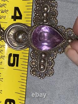 VINTAGE 1970's Sterling Silver Pear Cut Amethyst CROSS Pendant HUGE AMETHYST
