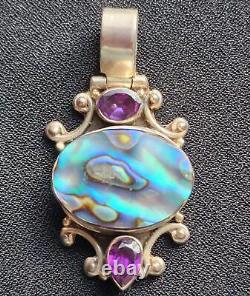 VINTAGE Amethyst and Paua Shell Abalone Mother of Pearl Sterling Silver Pendant
