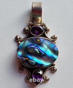 VINTAGE Amethyst and Paua Shell Abalone Mother of Pearl Sterling Silver Pendant