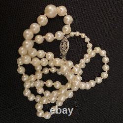 VINTAGE ESTATE STERLING SILVER 3mm-7mm HAND KNOTTED GRADUATED PEARL NECKLACE 21