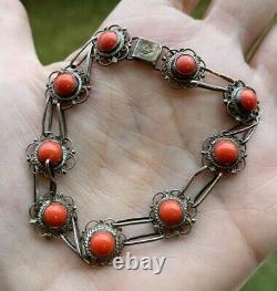 VINTAGE GENUINE RED CORAL STERLING SILVER 925 BRACELET 12 mm 8.5gr