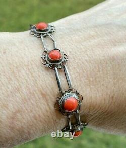 VINTAGE GENUINE RED CORAL STERLING SILVER 925 BRACELET 12 mm 8.5gr