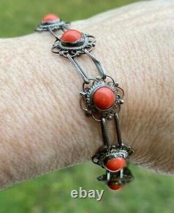 VINTAGE GENUINE RED CORAL STERLING SILVER 925 BRACELET 12 mm 8.5gr