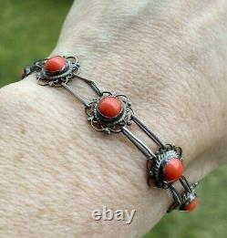 VINTAGE GENUINE RED CORAL STERLING SILVER 925 BRACELET 12 mm 8.5gr