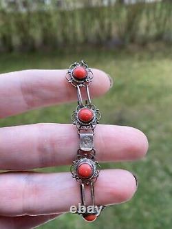 VINTAGE GENUINE RED CORAL STERLING SILVER 925 BRACELET 12 mm 8.5gr