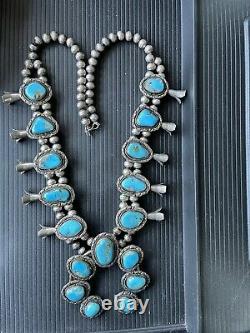 VINTAGE NAVAJO TURQUOISE STERLING SILVER SQUASH BLOSSOM NECKLACE WithRING C1960