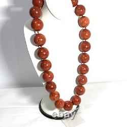 VINTAGE Red Coral Bead Necklace Fossilized Knotted Sterling Silver Clasp 925 21
