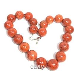 VINTAGE Red Coral Bead Necklace Fossilized Knotted Sterling Silver Clasp 925 21