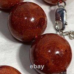 VINTAGE Red Coral Bead Necklace Fossilized Knotted Sterling Silver Clasp 925 21