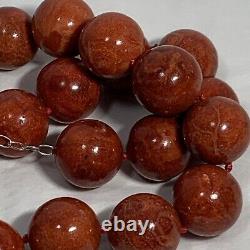 VINTAGE Red Coral Bead Necklace Fossilized Knotted Sterling Silver Clasp 925 21