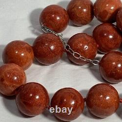 VINTAGE Red Coral Bead Necklace Fossilized Knotted Sterling Silver Clasp 925 21