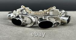 VINTAGE Sterling & Onyx TAXCO 6.5Mexican Heavy Chain Bracelet 55.6G