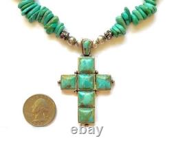 VINTAGE USA BARSE Kingman TURQUOISE 925 Sterling Silver CROSS Pendant Necklace