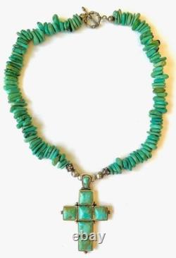 VINTAGE USA BARSE Kingman TURQUOISE 925 Sterling Silver CROSS Pendant Necklace