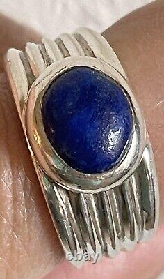 VTG Lapis Lazuli Heavy Art Deco Sterling Silver Ring Sz 7.25 Artist Signed