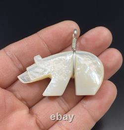 VTG Native American Sterling Silver Large Carved Bear MOP Mother of Pear Pendant