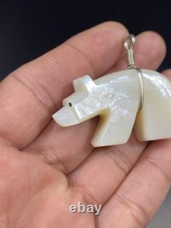 VTG Native American Sterling Silver Large Carved Bear MOP Mother of Pear Pendant
