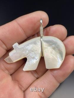 VTG Native American Sterling Silver Large Carved Bear MOP Mother of Pear Pendant