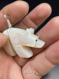 VTG Native American Sterling Silver Large Carved Bear MOP Mother of Pear Pendant