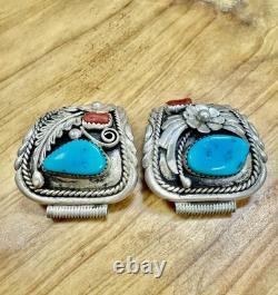 VTG Navajo Sterling Silver Turquoise & Red Coral Large Watch Tip Bands -34.71g