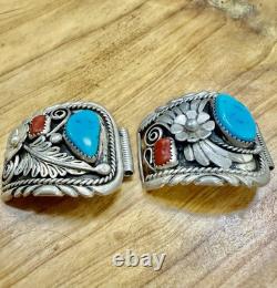 VTG Navajo Sterling Silver Turquoise & Red Coral Large Watch Tip Bands -34.71g
