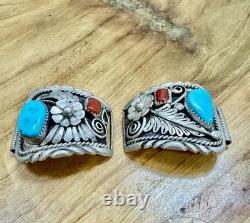 VTG Navajo Sterling Silver Turquoise & Red Coral Large Watch Tip Bands -34.71g