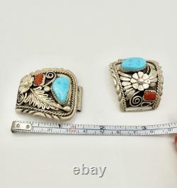 VTG Navajo Sterling Silver Turquoise & Red Coral Large Watch Tip Bands -34.71g