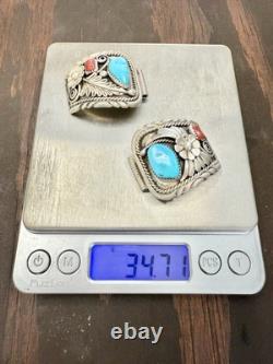 VTG Navajo Sterling Silver Turquoise & Red Coral Large Watch Tip Bands -34.71g
