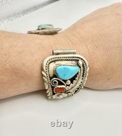 VTG Navajo Sterling Silver Turquoise & Red Coral Large Watch Tip Bands -34.71g