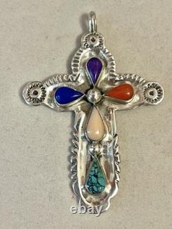 VTG Southwest Big Sterling silver cross pendant multicolored stones signed